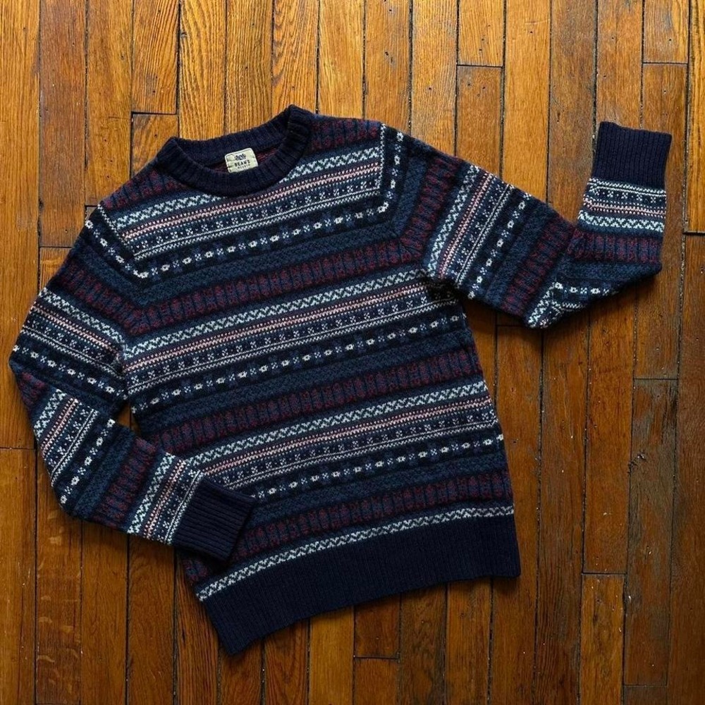 Beams Heart Japan 100% Wool Fair Isle Sweater Women S Navy Blue White Red